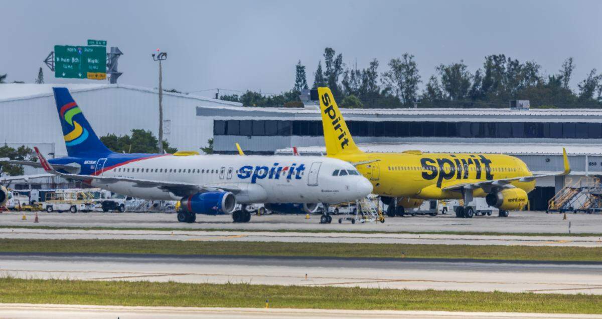 A Spirit Airlines plane grounded at Fort Lauderdale-Hollywood International Airport on Saturday, May 2, 2026.